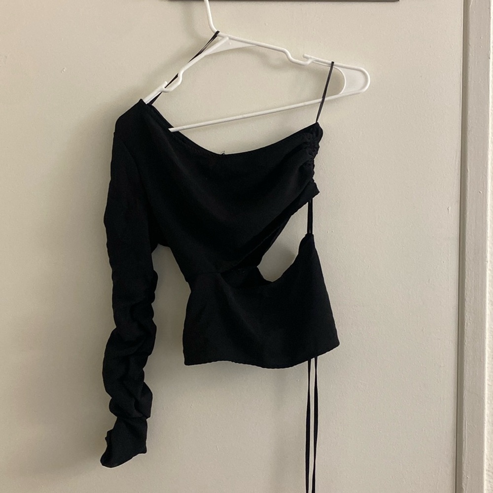 Zara Single Shoulder Asymmetric Black Top | XS